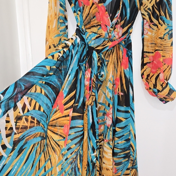 Vibrant Long Sleeve Tropical Sheer Plunging Neck Maxi Dress - Picture 4 of 6